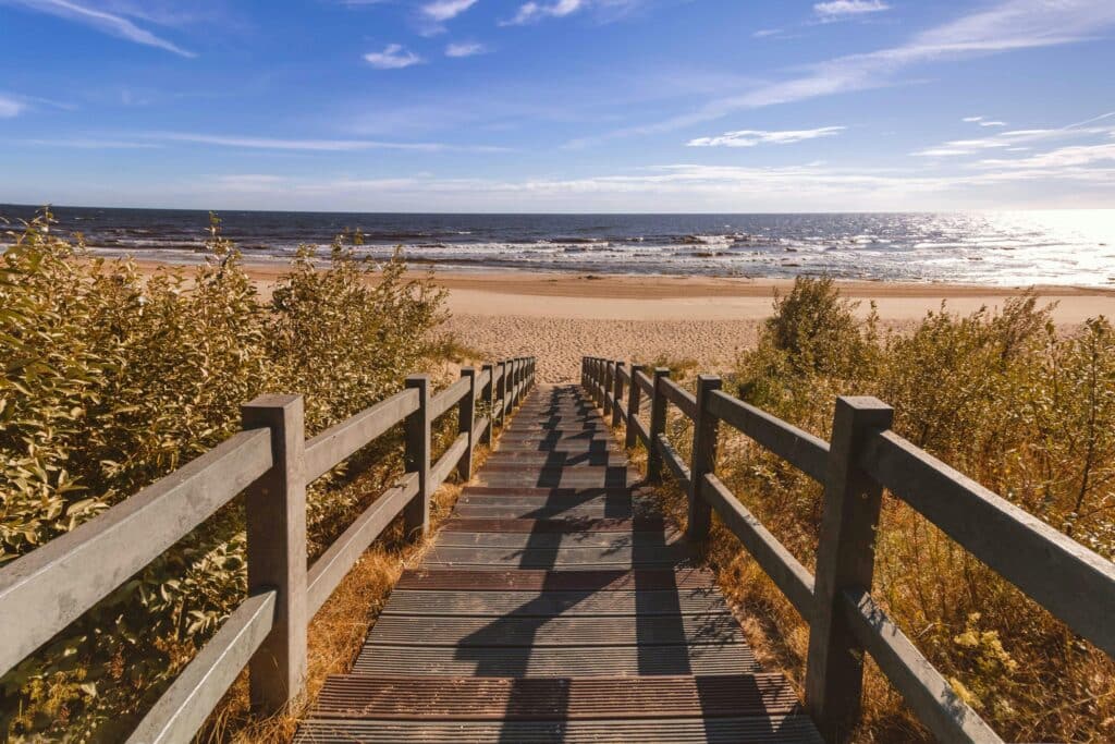 A wooden stairway leads to a tranquil view of the beach and ocean symbolizing what it feels like to take steps in narcissistic abuse recovery