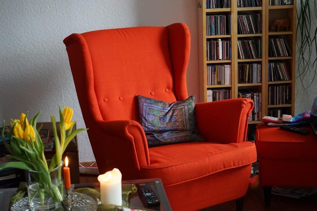 chair, wing chair, furniture, seating area, comfortable, red, pillow, seating, relax, rest, lean on, room, living room, space, shelf, quiet, relaxation, silence, comfort, chair, chair, chair, chair, chair, furniture, living room