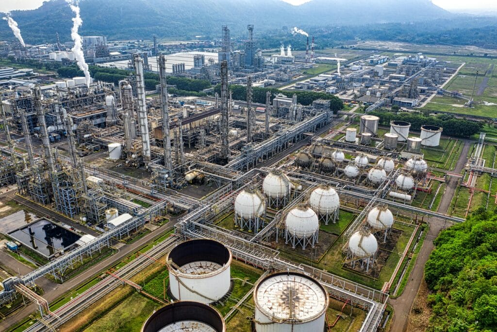 Extensive aerial shot of a large industrial refinery located in Banten, Indonesia.
