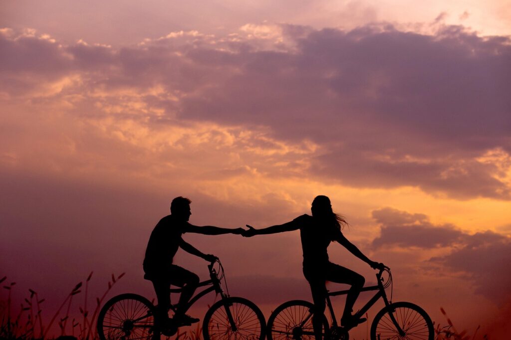bicycles, couple, nature, silhouettes, biking, bicycle ride, bicycle riding, sunset, dusk, twilight, backlighting, bikes, cyclists, pair, dawn, man, outdoors, people, recreation, sky, sunrise, woman