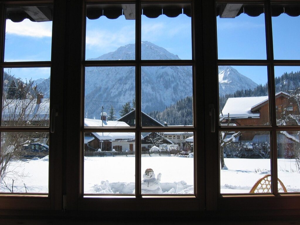 outlook, allgäu, breitenberg, mountains, window views, view, snowy, snow, idyll, idyllic, winter landscape, lattice windows, winter, nature, cold, village