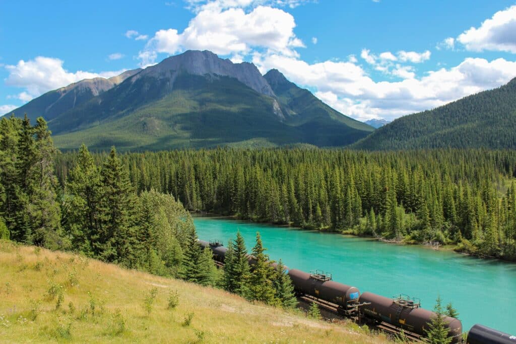 Train travels through lush forest with mountains and turquoise river under a sunny sky.
