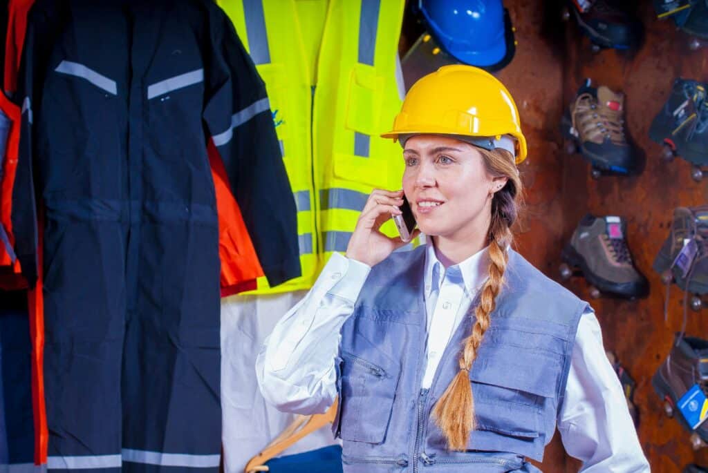 Woman engineer in safety gear with braided hair talks on phone in industrial setting.
