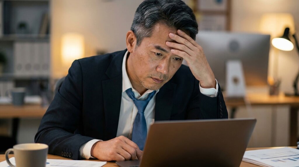 businessman, office, stress, tired, laptop, working late, professional, executive, headache, fatigue, suit, indoor, night, business, corporate, work, technology, desk, mental health, pensive, dark, concentration, overtime, ai generated